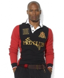 A custom-fitting rugby shirt celebrating the St. Moritz Polo World Cup on Snow has sporty style with bold color-blocking, a metallic PRL CLUB logo and a snow polo crest. A custom-fitting rugby shirt celebrating the St. Moritz Polo World Cup on Snow has sporty style with bold color-blocking, a metallic PRL CLUB logo and a snow polo crest.