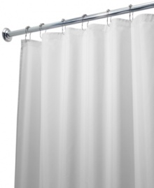 Protect your space from stray splashes! Featuring completely waterproof polyester with reinforced button holes and a structured top hem, this shower curtain liner keeps water inside the tub or shower where it belongs. Also features a clean finish for a luxurious look.