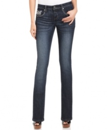 Earl Jeans' petite skinnies flatter with a dark blue wash. Rhinestones and embroidery add a glam touch! Earl Jeans' petite skinnies flatter with a dark blue wash. Rhinestones and embroidery add a glam touch!