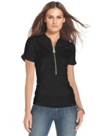 MICHAEL Michael Kors decks this petite polo top out with a shiny signature zipper for a shot of laid-back luxe. MICHAEL Michael Kors decks this petite polo top out with a shiny signature zipper for a shot of laid-back luxe.