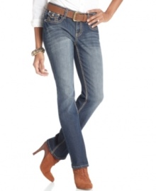 Flaunt a dash of flash with Earl Jeans' petite bootcut jeans, featuring rhinestone pockets.