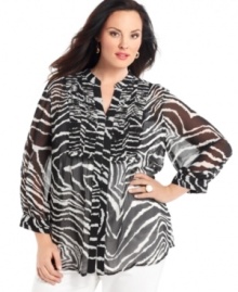 Sheer elegance: Jones New York Signature's three-quarter sleeve plus size tunic top, boasting a wild print.