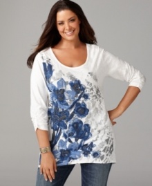 A sequined floral print beautifies the three-quarter sleeve plus size top by Style&co.-- wear it with your favorite casual bottoms.