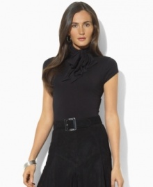 Lauren Ralph Lauren's sleek jersey petite top is modernized with chic cap sleeves and a turtleneck with ties at the side, adding dramatic allure to any look. Lauren Ralph Lauren's sleek jersey petite top is modernized with chic cap sleeves and a turtleneck with ties at the side, adding dramatic allure to any look.