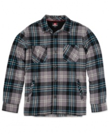 Get in season with classic style wearing this flannel plaid sherpa-lined shirt from Quiksilver. Get in season with classic style wearing this flannel plaid sherpa-lined shirt from Quiksilver.
