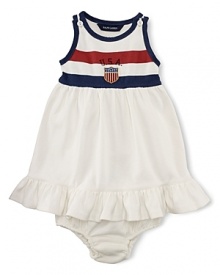 This sporty ruffled dress celebrates Team USA's participation in the 2012 Olympics with red, white and blue stripes and an embroidered flag patch for heritage flair. This sporty ruffled dress celebrates Team USA's participation in the 2012 Olympics with red, white and blue stripes and an embroidered flag patch for heritage flair.