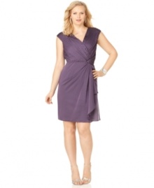 An elegant pleated bodice, a graceful drape at the skirt and a cascade of fabric with a ruffled edge make this plus size London Times dress pretty and party-perfect. An elegant pleated bodice, a graceful drape at the skirt and a cascade of fabric with a ruffled edge make this plus size London Times dress pretty and party-perfect.