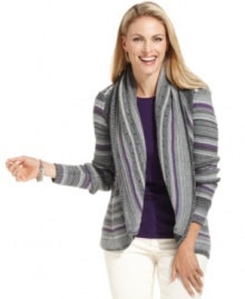 Charter Club's petite open-front cardigan gets a handcrafted touch with pointelle knit at the shawl collar and nubby allover stripes.