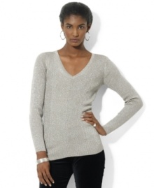 Lauren Ralph Lauren's sleek V-neck petite sweater with a delicate alternating diagonal ribbed pattern is a sophisticated staple for your cooler-weather wardrobe. Lauren Ralph Lauren's sleek V-neck petite sweater with a delicate alternating diagonal ribbed pattern is a sophisticated staple for your cooler-weather wardrobe.