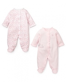 A cuddle footie 2-pack rendered in super soft cotton, each with ruffle trim and snap closure A cuddle footie 2-pack rendered in super soft cotton, each with ruffle trim and snap closure