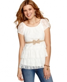 Lace and ruffles and bows, oh my! Get femme in an instant with this top from Sequin Hearts -- a piece that adds adorable style to your day! Lace and ruffles and bows, oh my! Get femme in an instant with this top from Sequin Hearts -- a piece that adds adorable style to your day!
