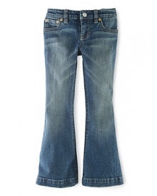 Faded denim is crafted in a chic flared silhouette with a hint of stretch for a cute, classic look. Faded denim is crafted in a chic flared silhouette with a hint of stretch for a cute, classic look.