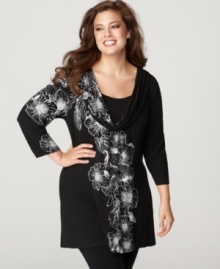 A cowl neckline elegantly finishes Style&co.'s three-quarter sleeve plus size tunic top, featuring a floral print. (Clearance)