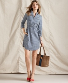 A graphic logo print and shirtdress silhouette is a winning combo in this Tommy Hilfiger look. Pair it with wedges to take it from day-to-night effortlessly! A graphic logo print and shirtdress silhouette is a winning combo in this Tommy Hilfiger look. Pair it with wedges to take it from day-to-night effortlessly!