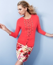 Bejeweled appliques adorn this petite Charter Club cardigan for a fresh take on springtime style! Try it with a printed skirt for a classic outfit with a twist. Bejeweled appliques adorn this petite Charter Club cardigan for a fresh take on springtime style! Try it with a printed skirt for a classic outfit with a twist.