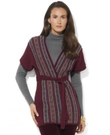 Lauren Ralph Lauren's petite sleeveless cocoon cardigan is knit with a timeless Fair Isle pattern along the placket for a cozy look and feel. Lauren Ralph Lauren's petite sleeveless cocoon cardigan is knit with a timeless Fair Isle pattern along the placket for a cozy look and feel.