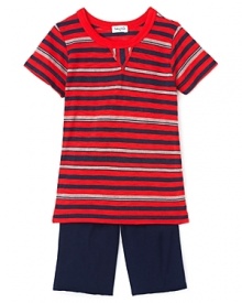 Mottled stripes in asymmetrical panels bring a touch of whimsy Splendid Little's handy tee and shorts set.