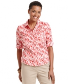 This petite shirt by Karen Scott outfits a traditional button-down with a vibrant floral print. It's the perfect way to perk up jeans or khakis! This petite shirt by Karen Scott outfits a traditional button-down with a vibrant floral print. It's the perfect way to perk up jeans or khakis!