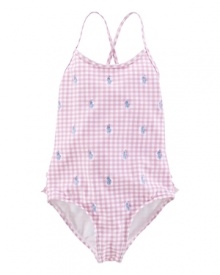 Pretty swimsuit rendered in gingham-printed stretch nylon and finished with allover embroidered ponies for timeless heritage style. Pretty swimsuit rendered in gingham-printed stretch nylon and finished with allover embroidered ponies for timeless heritage style.