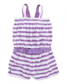 A warm-weather-ready romper is crafted from soft striped terrycloth and features a matching belt and signature pony embroidery. A warm-weather-ready romper is crafted from soft striped terrycloth and features a matching belt and signature pony embroidery.