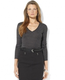 Lauren Ralph Lauren's sweet and simple metallic-stripe petite shirt in cotton jersey embodies feminine charm with a V-neckline and LRL-engraved buttons at the shoulder.