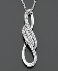 A romantic knot embellished with round-cut diamonds (1/2 ct. t.w.) signifies a beautiful bond. This Wrapped in Love(tm) diamond pendant is crafted in 14k white gold. Approximate length: 18 inches. Approximate drop: 1-1/4 inches. A romantic knot embellished with round-cut diamonds (1/2 ct. t.w.) signifies a beautiful bond. This Wrapped in Love(tm) diamond pendant is crafted in 14k white gold. Approximate length: 18 inches. Approximate drop: 1-1/4 inches.