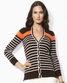 An earthy palette with a modern mix of stripes lends relaxed elegance to Lauren by Ralph Lauren's petite Krystoff cardigan, rendered in stretch ribbed-knit cotton with a buttoned placket for cozy comfort. An earthy palette with a modern mix of stripes lends relaxed elegance to Lauren by Ralph Lauren's petite Krystoff cardigan, rendered in stretch ribbed-knit cotton with a buttoned placket for cozy comfort.