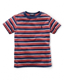 A classic tee is updated in striped jersey-knit cotton with an embroidered pony for heritage style. A classic tee is updated in striped jersey-knit cotton with an embroidered pony for heritage style.
