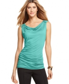 A draped fit and gathered shoulders give this petite top by T Tahari a touch of charm. Pair with skinny pants and heels for a sleek look.