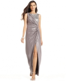 A sequined inset and decadent drape at the bodice of this petite Adrianna Papell dress are alluring touches while a thigh-high slit at the front amplifies the drama. A sequined inset and decadent drape at the bodice of this petite Adrianna Papell dress are alluring touches while a thigh-high slit at the front amplifies the drama.