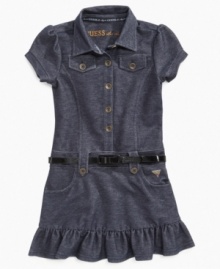 Dressy denim. This dress from Guess has all the adorable details to keep her cute, including oversize buttons, button-down pockets and a dainty accessory belt. Dressy denim. This dress from Guess has all the adorable details to keep her cute, including oversize buttons, button-down pockets and a dainty accessory belt.