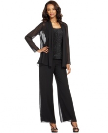 Patra's petite beaded top and chic chiffon jacket and pants are effortlessly elegant for evening. Pair with strappy heels to accentuate the silhouette.