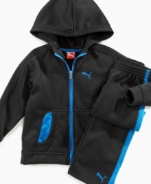 Get him moving in this Puma track jacket and pants that will warm up his workout and pump up playtime. Get him moving in this Puma track jacket and pants that will warm up his workout and pump up playtime.