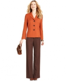 Le Suit creates a petite colorblocked duo with a tailored jacket in a bold autumnal hue and coordinating chestnut trousers. Le Suit creates a petite colorblocked duo with a tailored jacket in a bold autumnal hue and coordinating chestnut trousers.