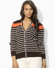 An earthy palette with a modern mix of stripes lends relaxed elegance to the Krystoff cardigan, rendered in stretch ribbed-knit cotton with a buttoned placket for cozy comfort.