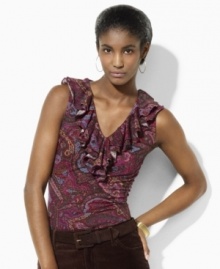 Lauren Ralph Lauren's ribbed cotton petite top exudes timeless beauty with elegant ruffles along the neckline.